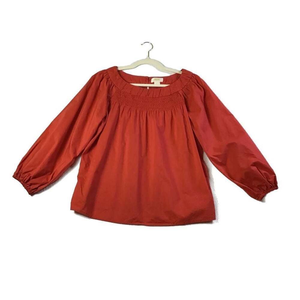 Maeve Anthropologie Coral Poplin Puff Sleeve Smocked Blouse S